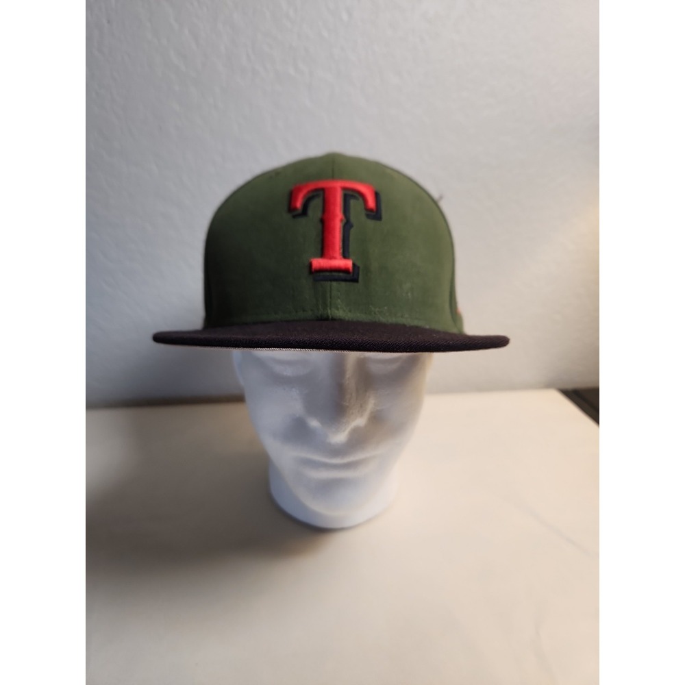 Rare New Era Olive Green & Red Texas Rangers Fitted Hat Size 7-5/8 MLB